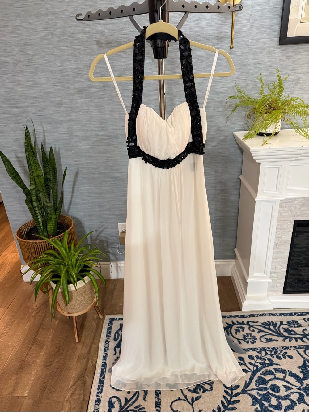 Elegant White Maxi Dress with Black Embellished Halter